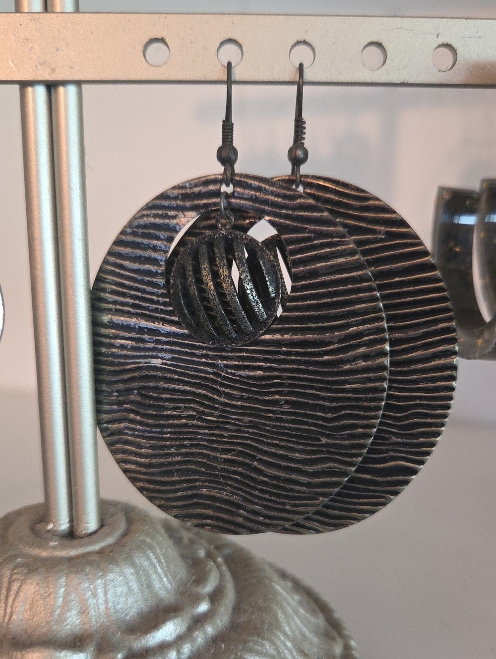Black Textured Circle Drop Earrings - Women Jewelry